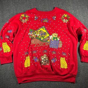 VTG 90s Size M Holiday Christmas Cat Crewneck Sweater Sweatshirt Playful Kittens